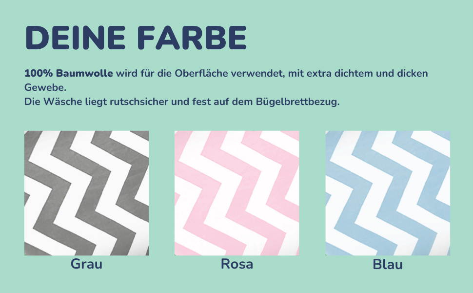 Die Farben des Bügelbretttbezugs: Grau, Rosa oder Blau