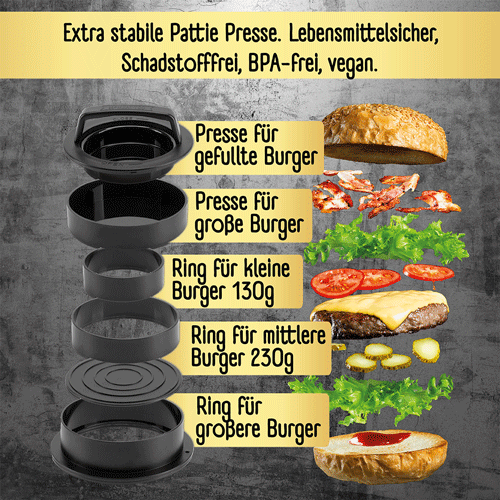 Burgerpresse mit Zubehör und Details